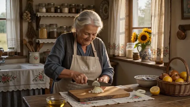 Grandma makes pickled herring in a sunny kitchen