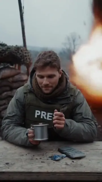 Press reporter sips coffee as artillery lands behind him