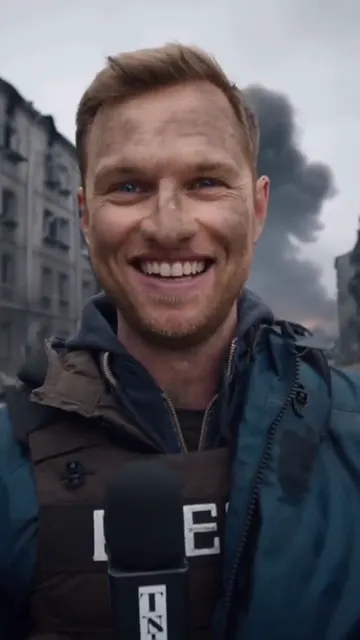 War correspondent smiles through an explosion behind him