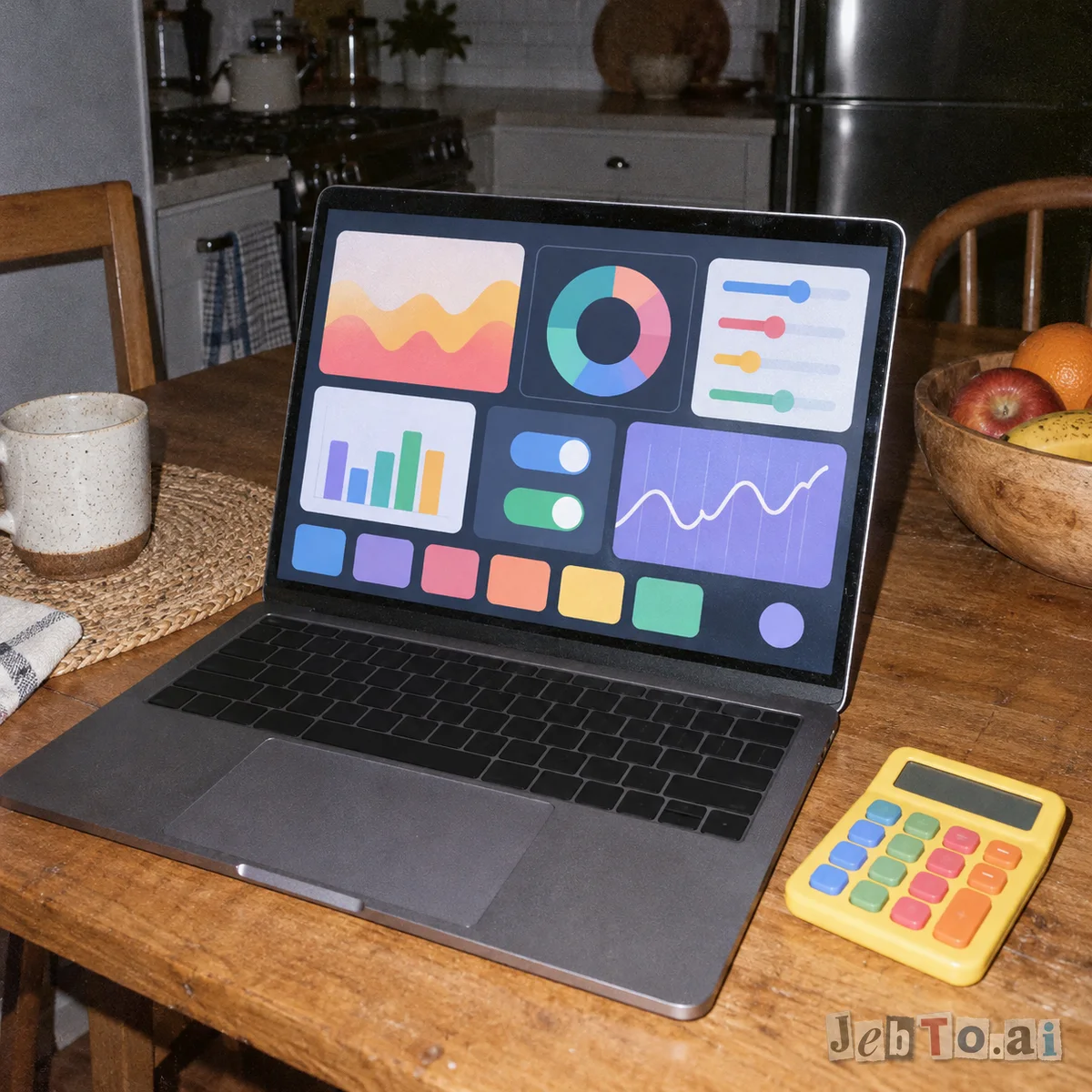 A laptop screen full of sliders and a tiny calculator showing the number 7.