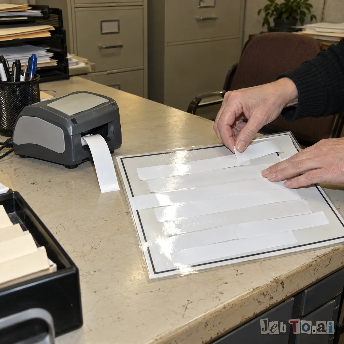 A federal desk sign being re-labelled with a very long strip of tape.