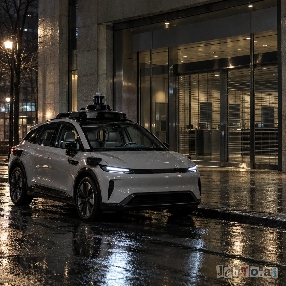 A parked white robotaxi in front of a bank at night.