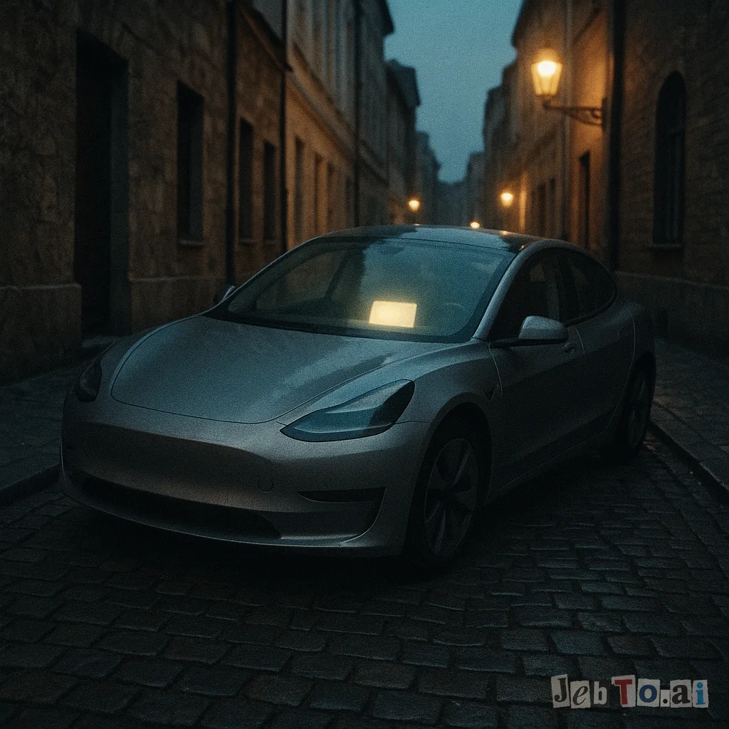 An electric car parked slightly diagonally, its screen reading ASSISTED.