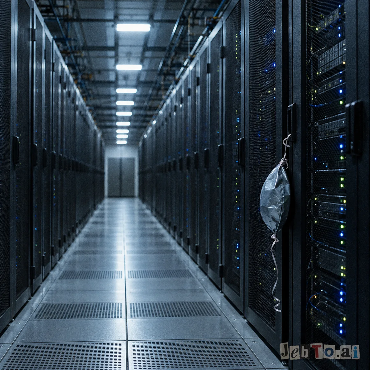 Rows of server racks with a single sad balloon tied to one of them.