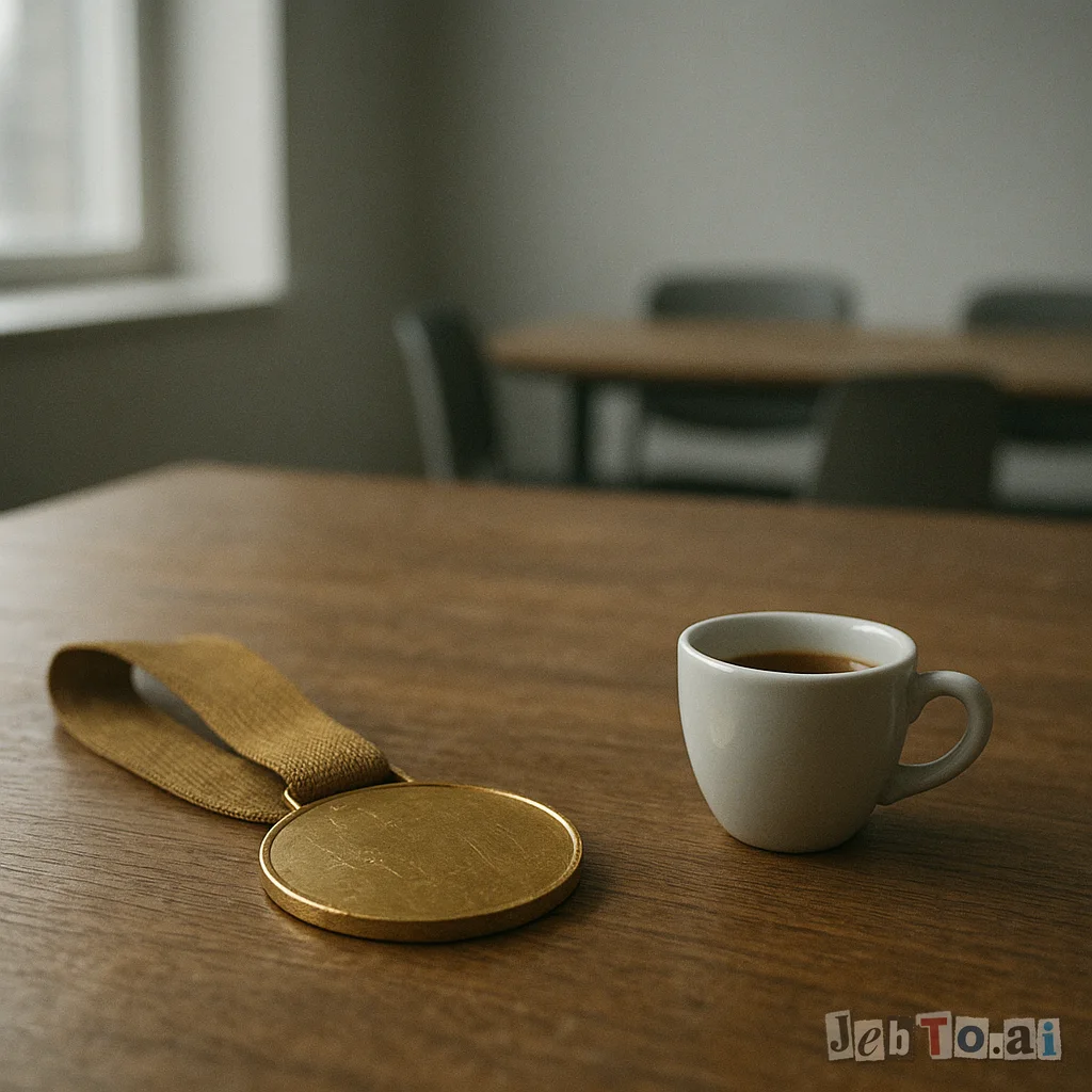 A small coffee cup placed carefully on a table beside a gold medal.