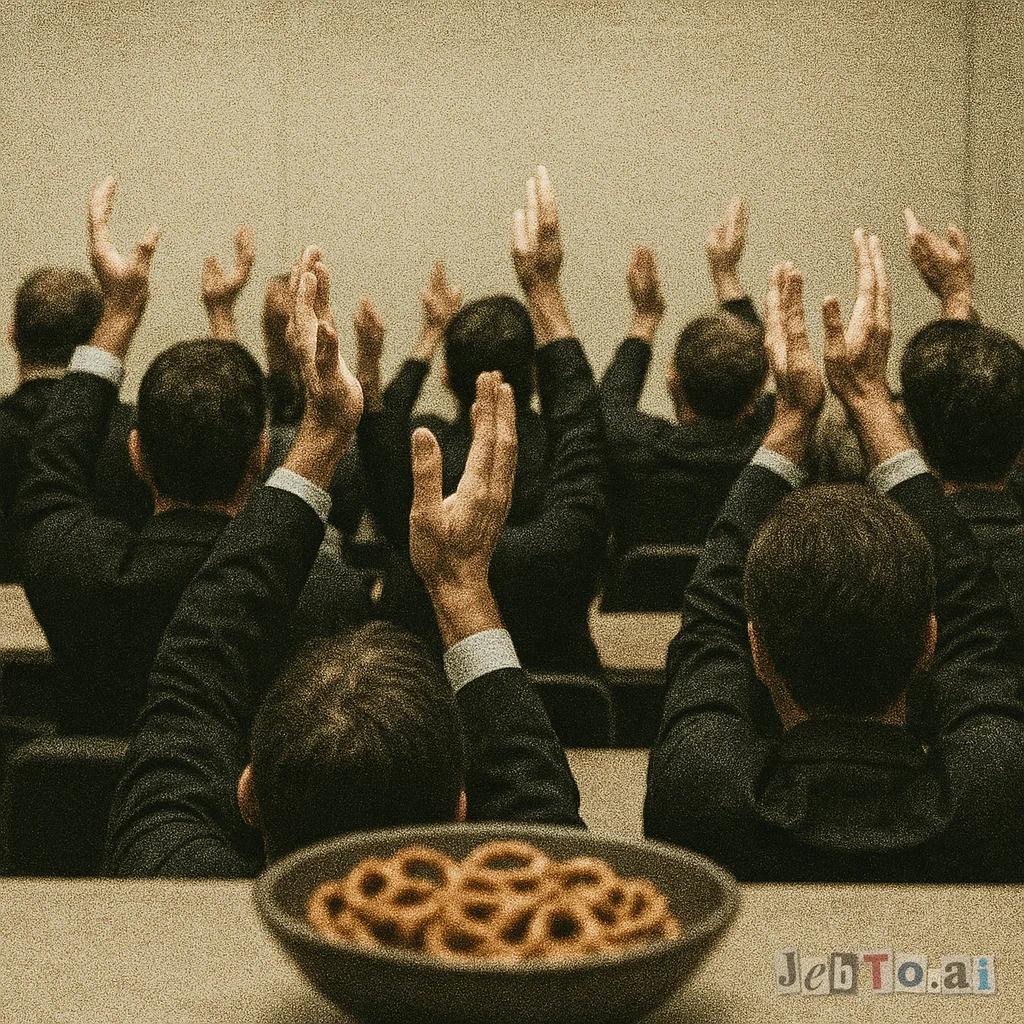 Sixty people in a conference room all clapping at a plate of pretzels.