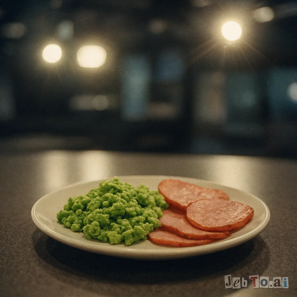 A plate of green eggs and ham with a TV studio blurred in the background.