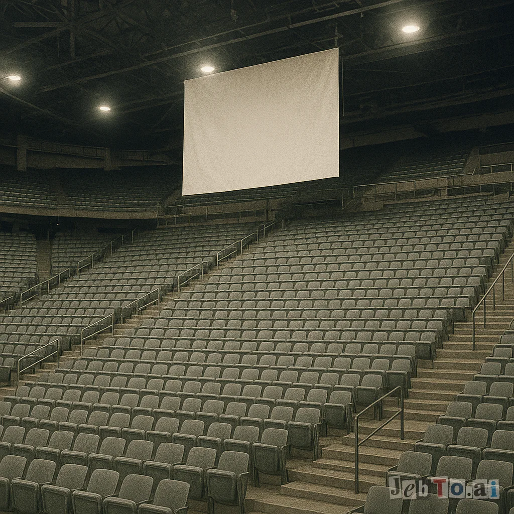 Rows of empty folding chairs in a large venue with a lone banner.