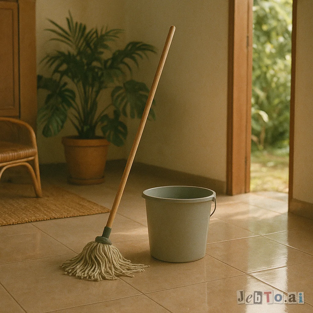 A bucket and a mop leaning against a bright wall in a sunny house.