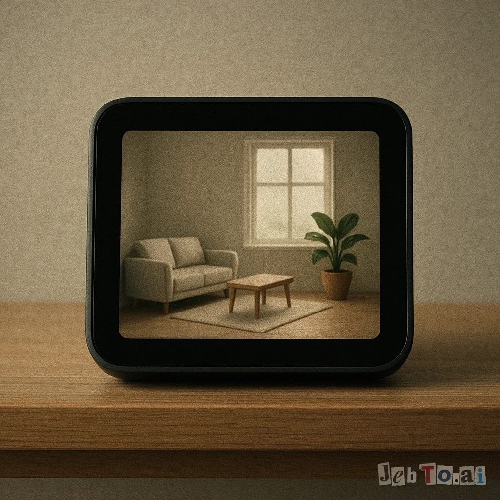 A tiny smart display on a shelf showing a perfect miniature living room.