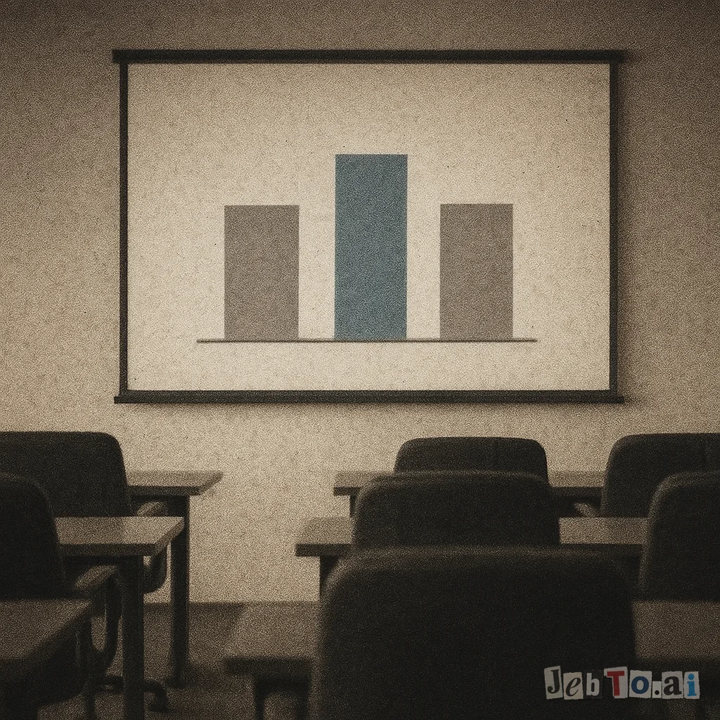 A bar chart with three identical bars on a conference-room screen.