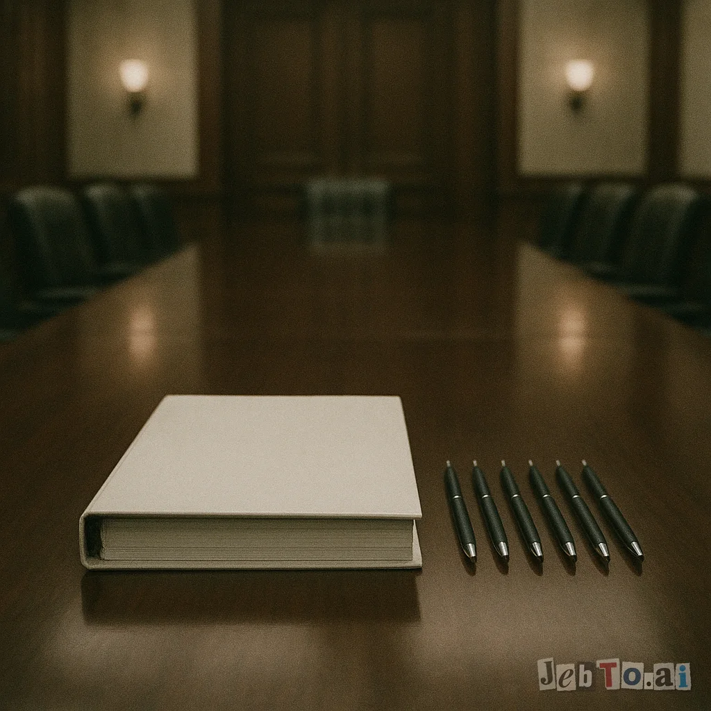 A long polished table with six pens and a single blank binder.