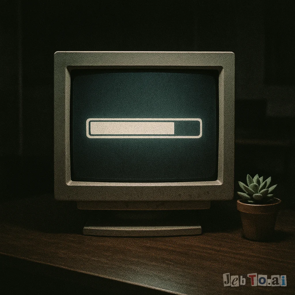 A monitor stuck at 96 percent with a tiny potted plant beside it.