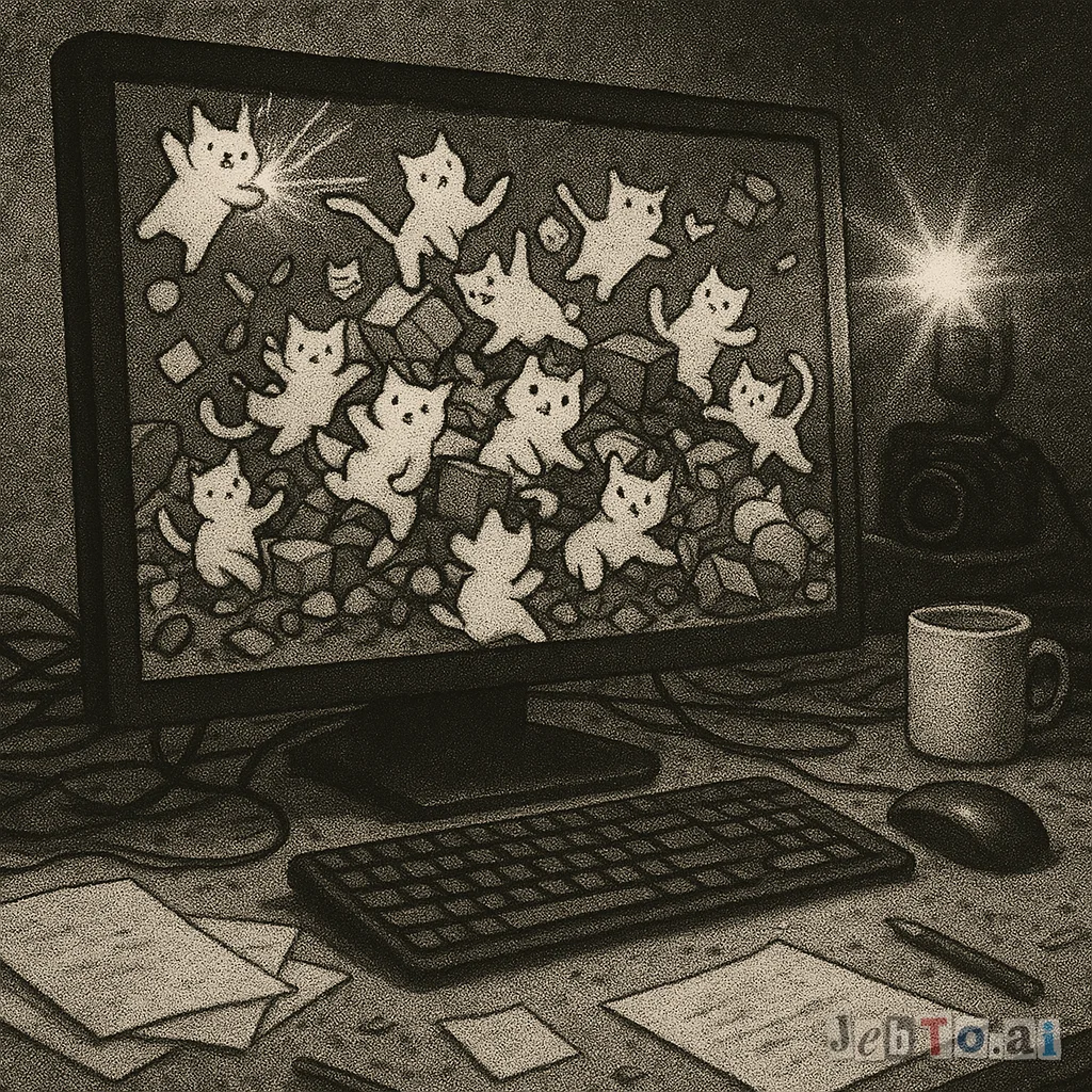 A cluttered sandbox game scene with too many identical cats floating above a physics crate.