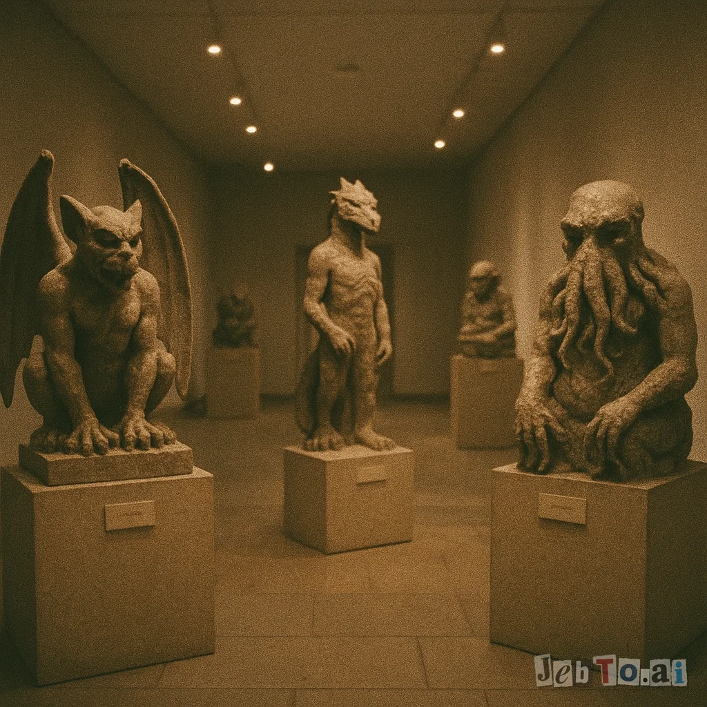 Stone statues of defeated monsters lined up in a quiet hall.