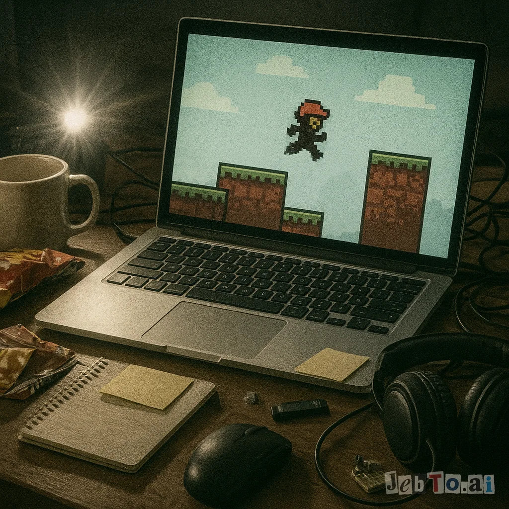 A laptop with a pixelated plumber silhouette and a coffee mug.