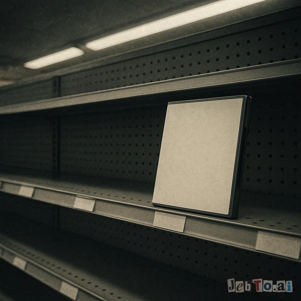 A store shelf with empty boxes and a single lonely game case.