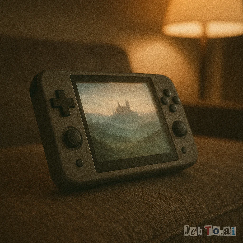 A handheld console showing a slightly blurry fantasy landscape.