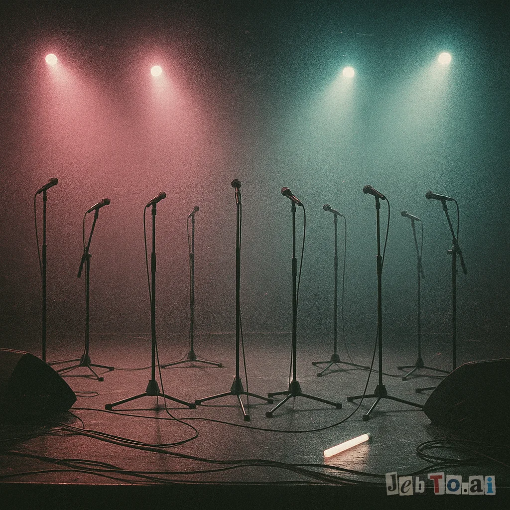 A neon-lit stage with nine microphones and a single lightstick.