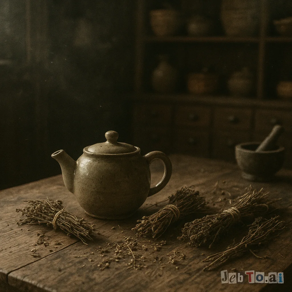A ceramic teapot and dried herbs on a wooden table, soft light.