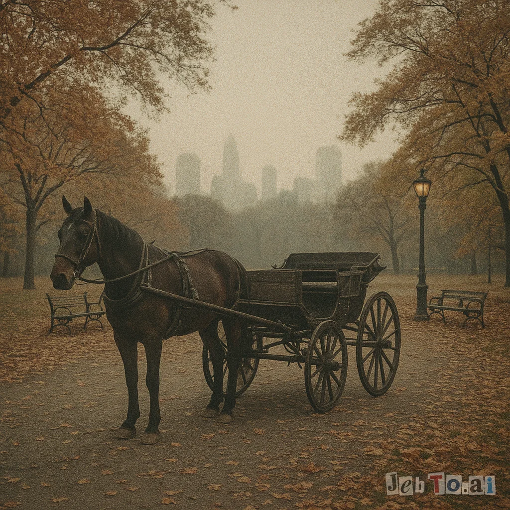 A horse in a park at dawn beside an empty carriage.