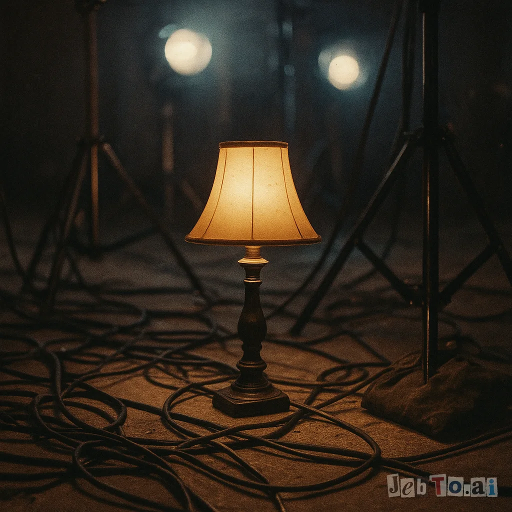 A single glowing lamp on a messy music video set.