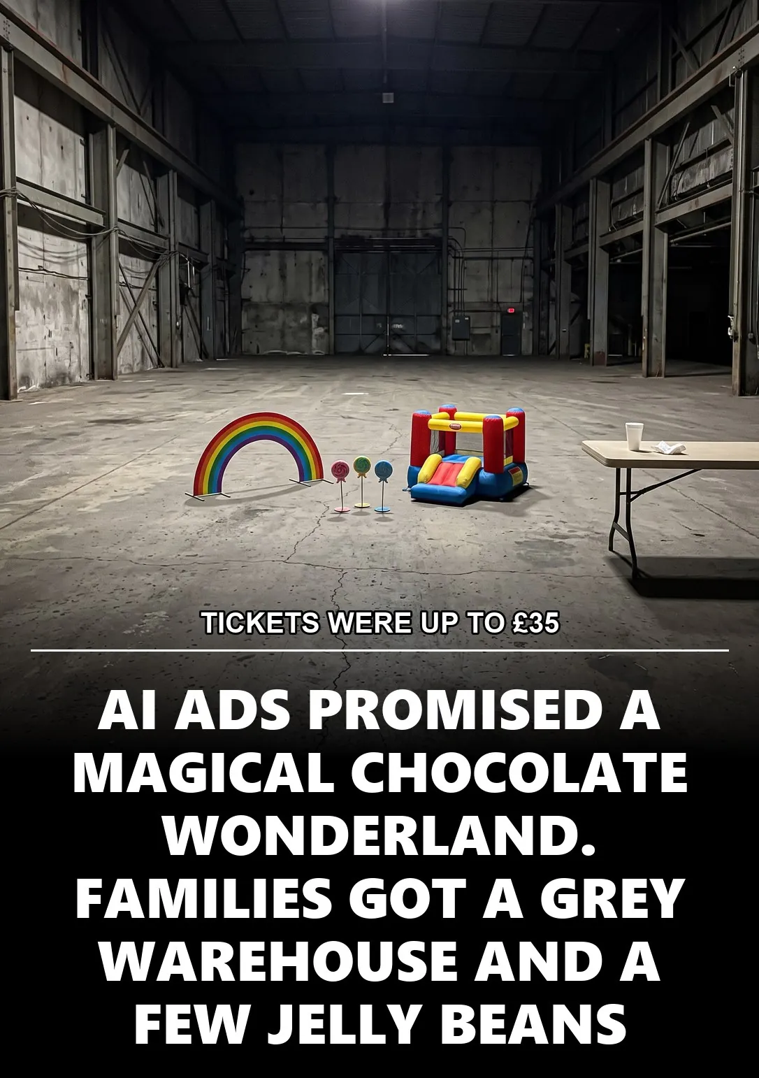 TICKETS WERE UP TO £35, AI ADS PROMISED A MAGICAL CHOCOLATE WONDERLAND. FAMILIES GOT A GREY WAREHOUSE