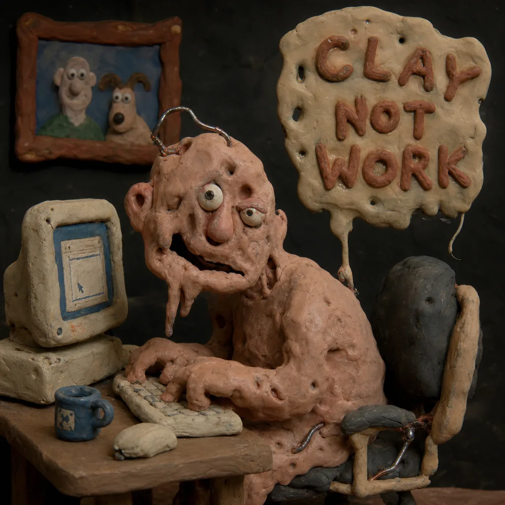 CLAY NOT WORK, Claymation man melts at his computer