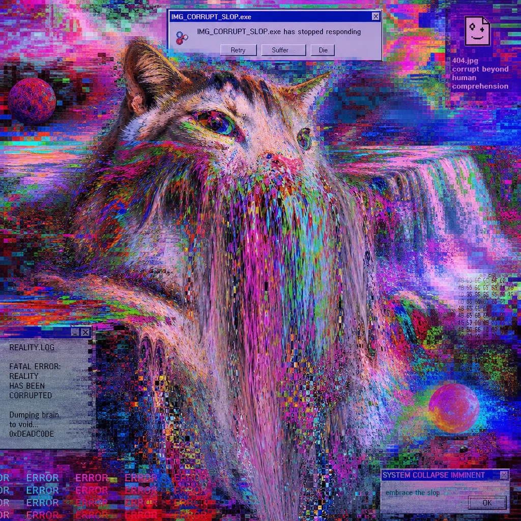 SLOP.EXE STOPPED RESPONDING, Glitched wolf waterfall, system collapse imminent