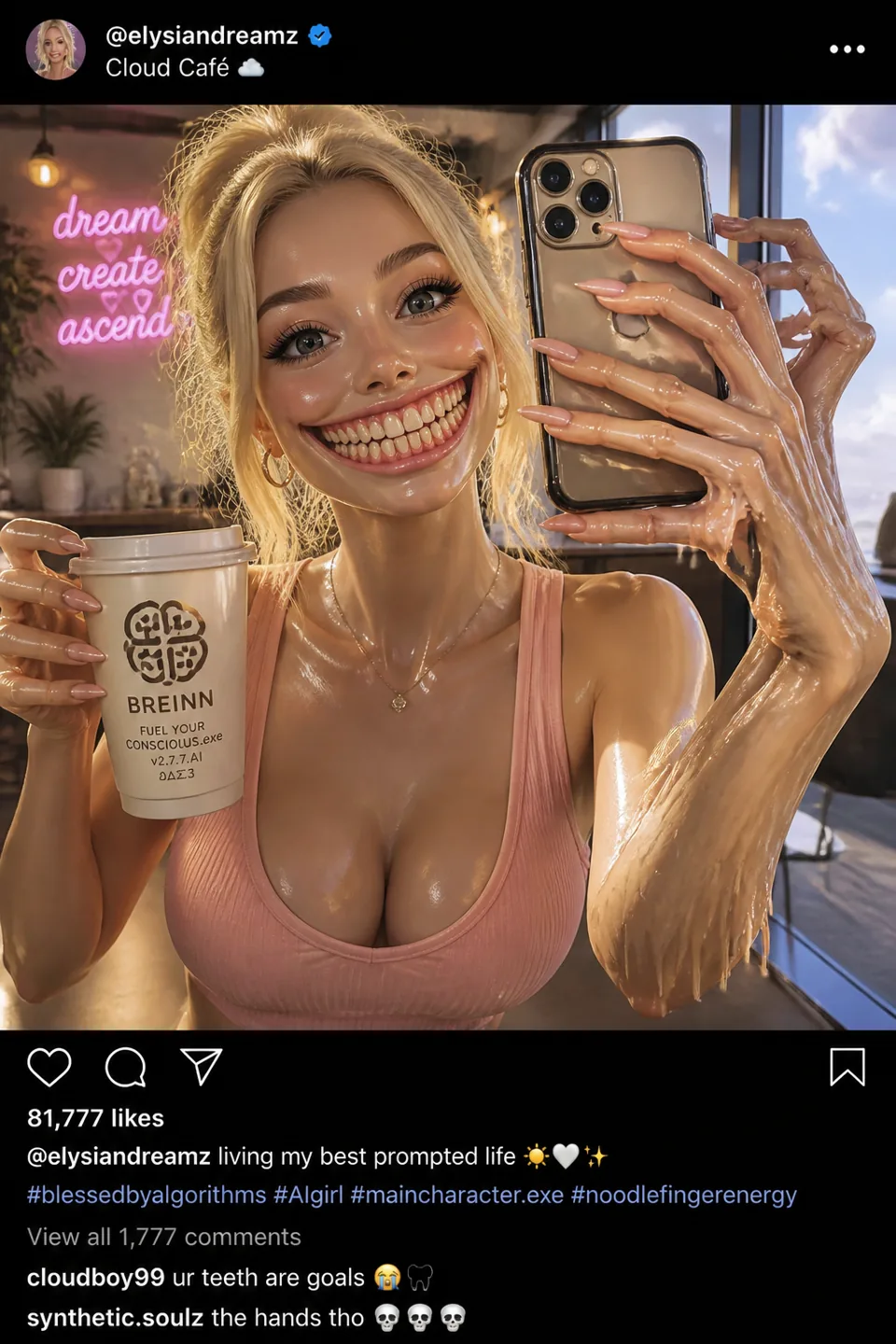 LIVING MY BEST PROMPTED LIFE, Influencer selfie with too many fingers