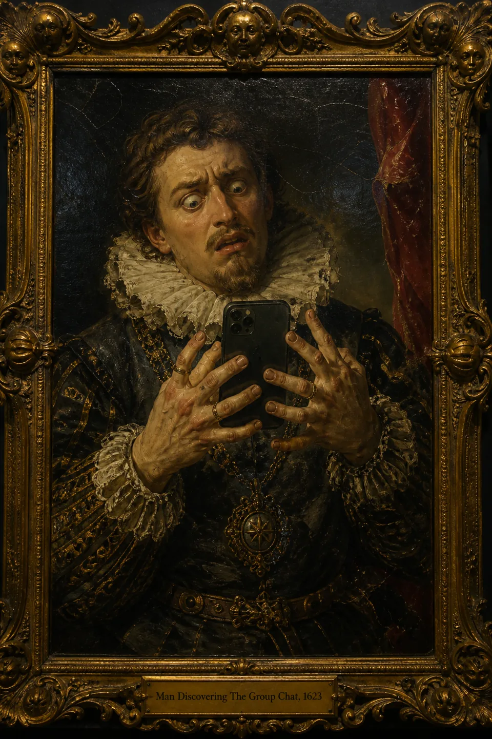 OLD MASTER, NEW FEED, Renaissance nobleman checks his notifications