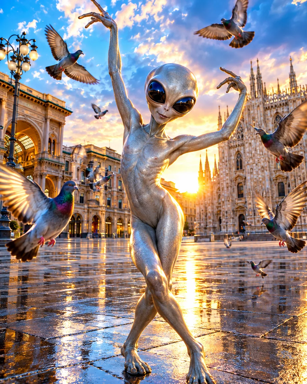 VIBES ONLY, Grey alien dancing alone in a city square