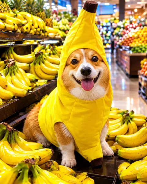 Corgi in a banana costume hides in the fruit aisle
