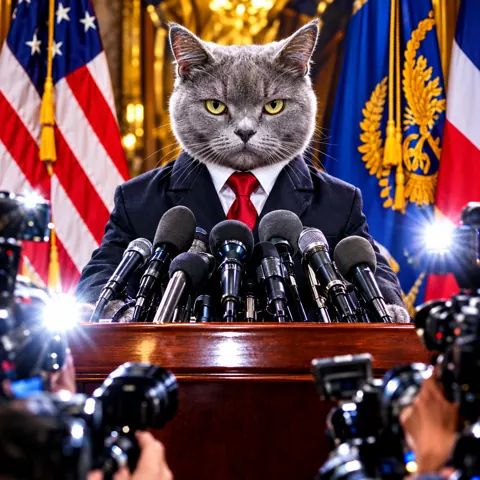 Cat in a suit holds a press conference