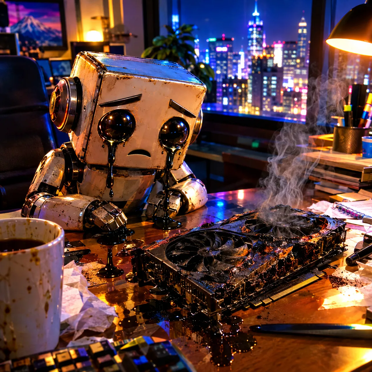 OUT OF TOKENS, Robot cries over a burnt GPU at midnight