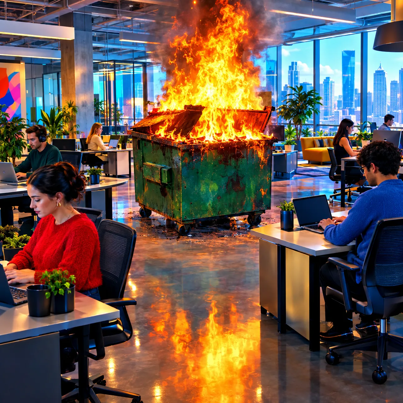 THIS IS FINE. (AGAIN), Dumpster fire in the open-plan office, nobody looks up
