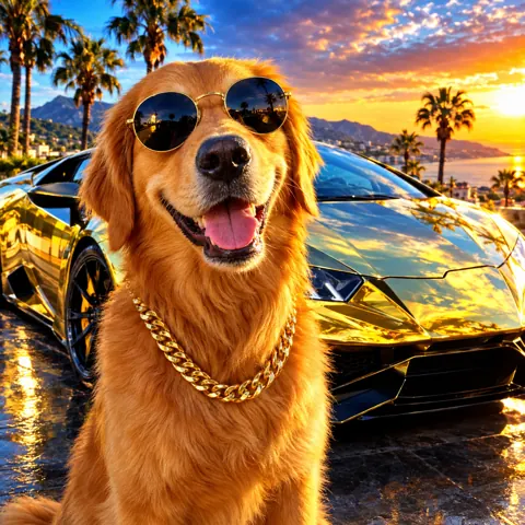Golden retriever with sunglasses and a gold chain