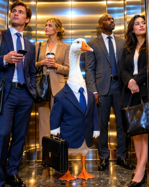 Goose in a suit rides the corporate elevator