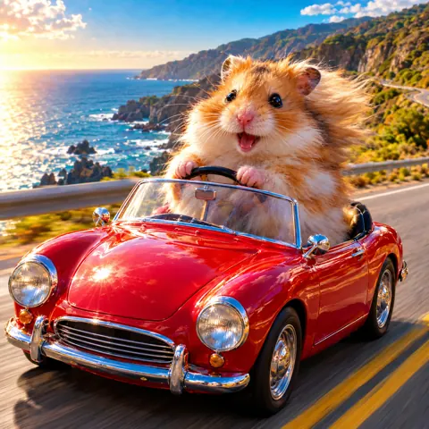 Giant hamster takes the convertible for a spin