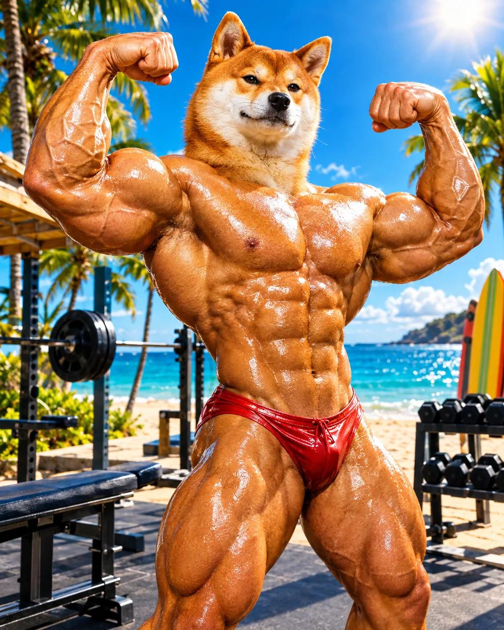 GAINS ARE SLOP TOO., Shiba with a bodybuilder body flexes on the beach