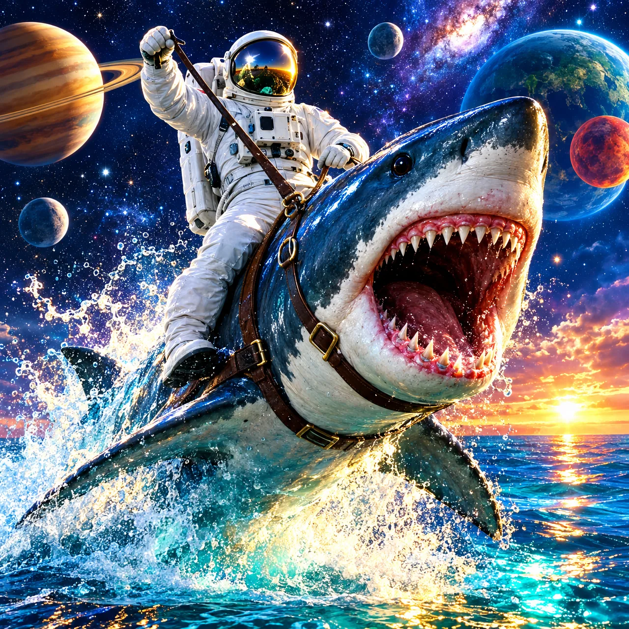 NASA WHO?, Astronaut rides a great white shark through space ocean