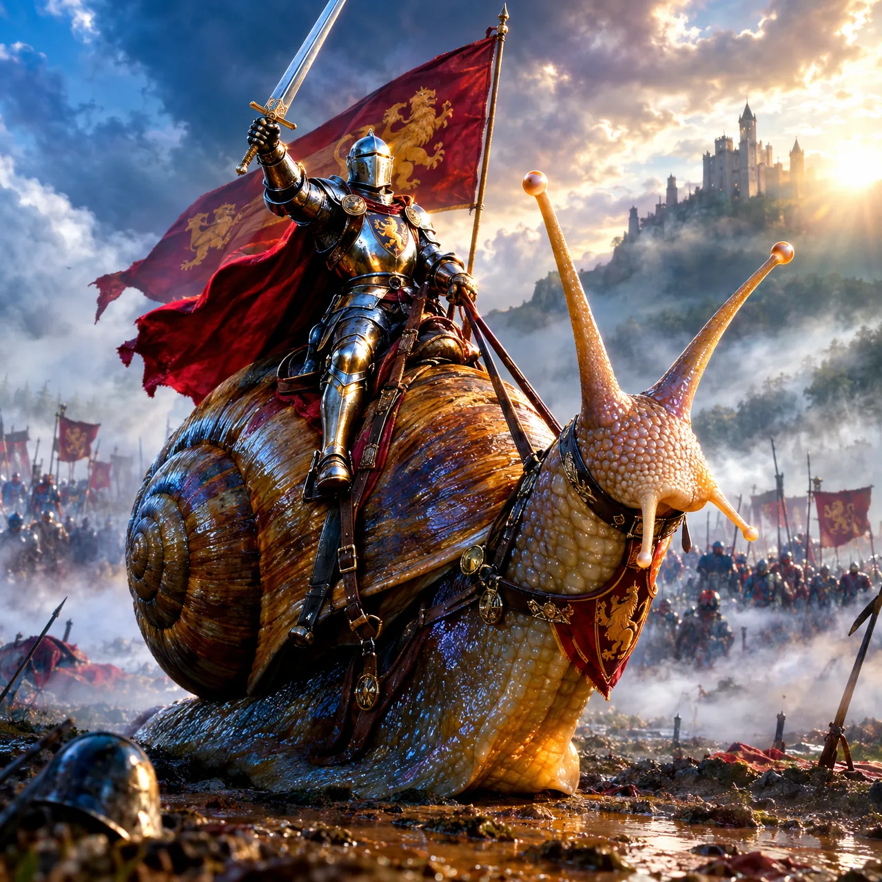 SHIPPING AT AGILE SPEED, Knight charges into battle on a giant snail