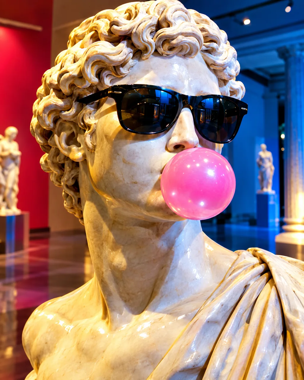 ANCIENT SLOP. MODERN AUDIENCE., Greek statue with sunglasses blows a bubble gum bubble