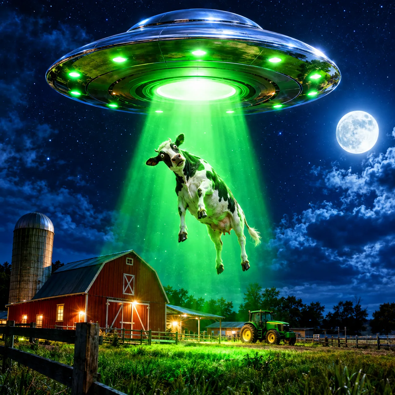 ABDUCT MORE COWS PLZ, UFO beams up a very confused cow